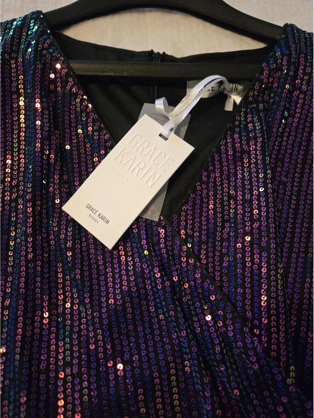 NWT Grace Karin Wrap Dress Women's M Purple Sequin Sparkly Glitter Party Club - Picture 4 of 9